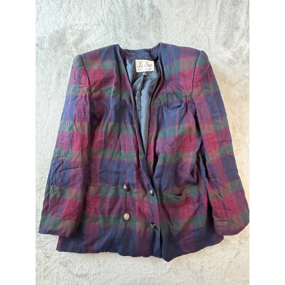Le Suit Plaid Blazer Women Size 14 Multicolor Double Breasted Vintage Jacket